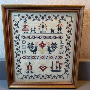 Framed Cross Stitch Sampler with Folk Art Design